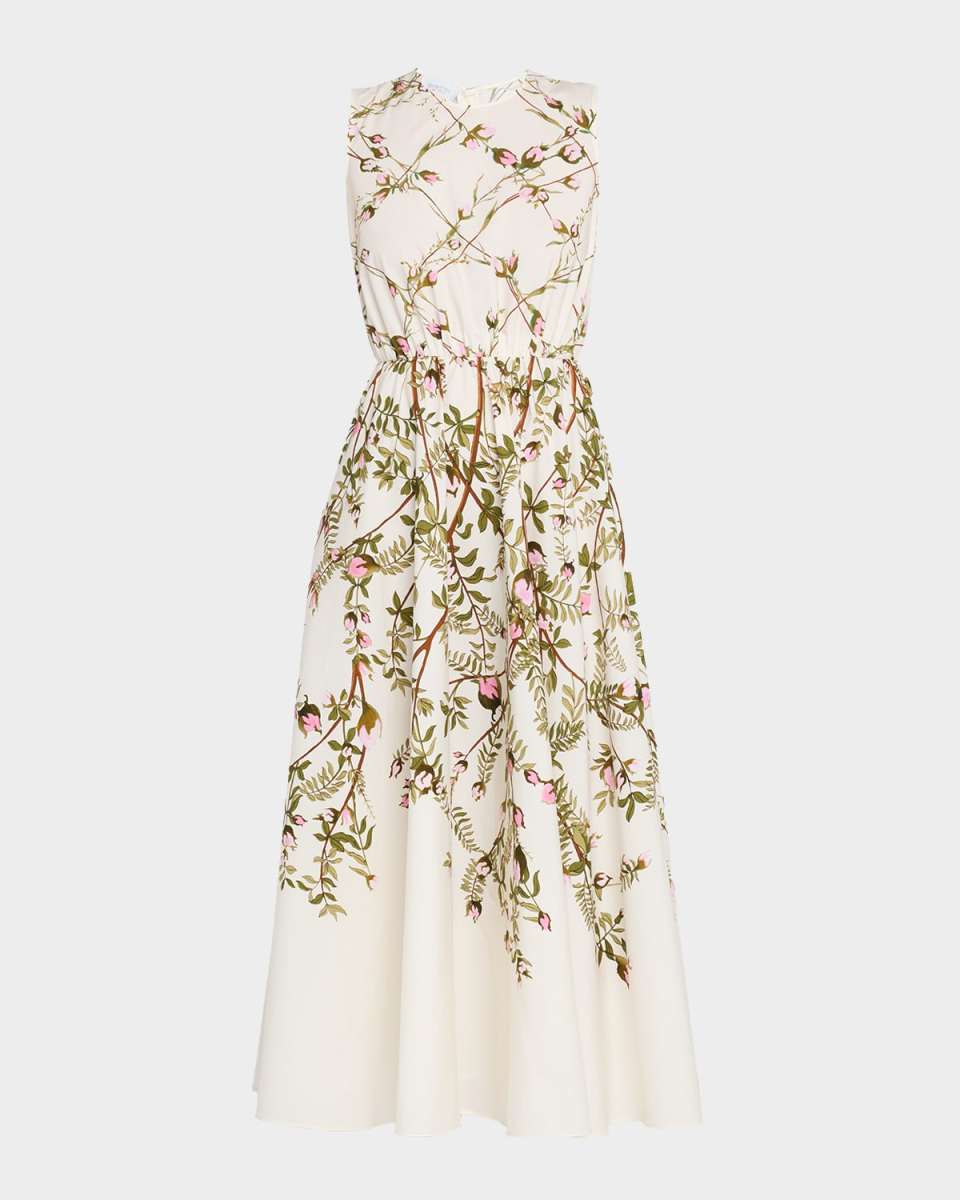 Floral Lattice-Print Popeline Sleeveless Midi Dress